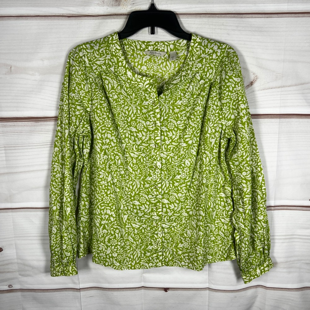 AnyBody Floral Blouse Womens Small Green Button Front Long Sleeve Cotton Classic